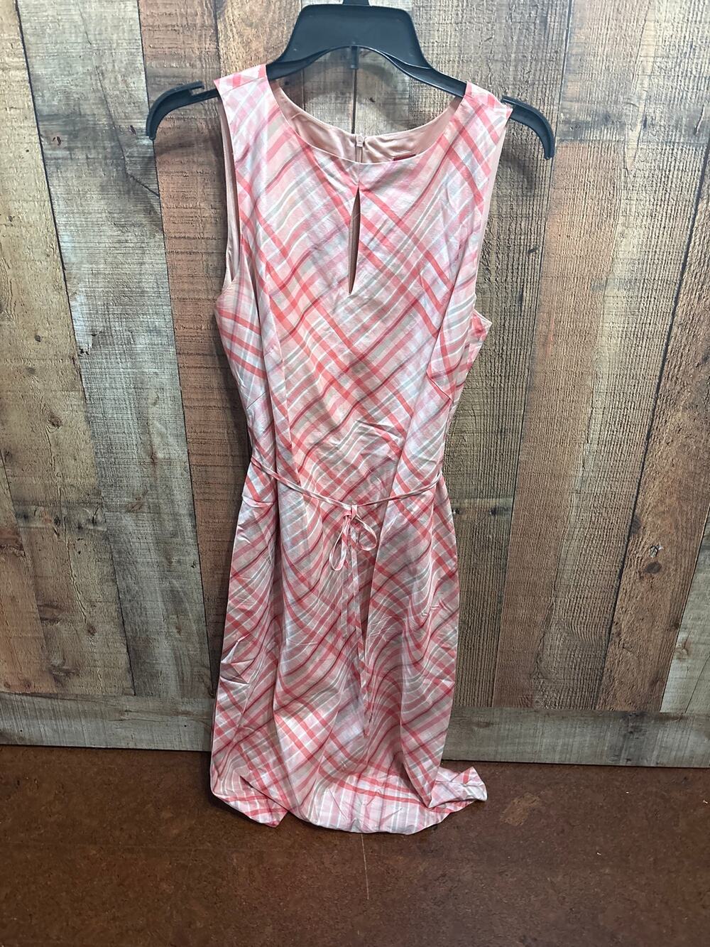 Olsen sleeveless plaid dress, coral pink geometric check with keyhole neckline.